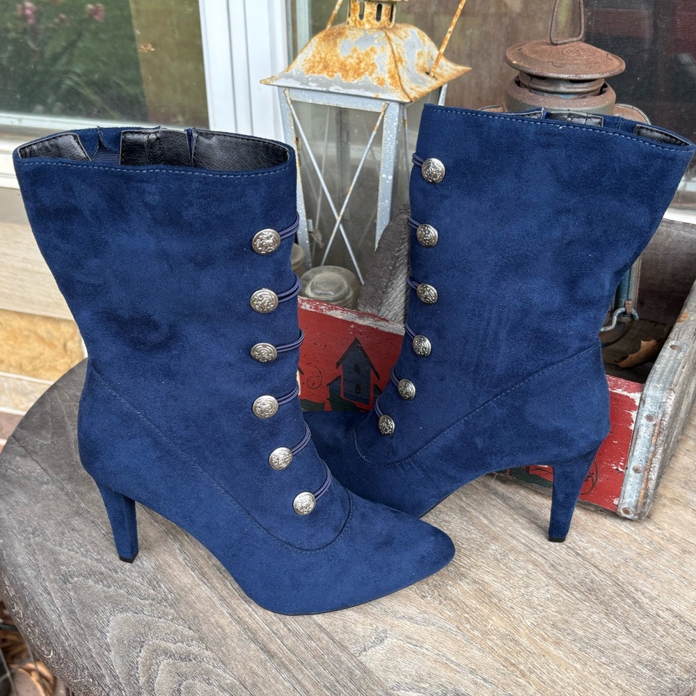 Rialto Chung Navy Faux‎ Suede Button Detail Heeled Boots